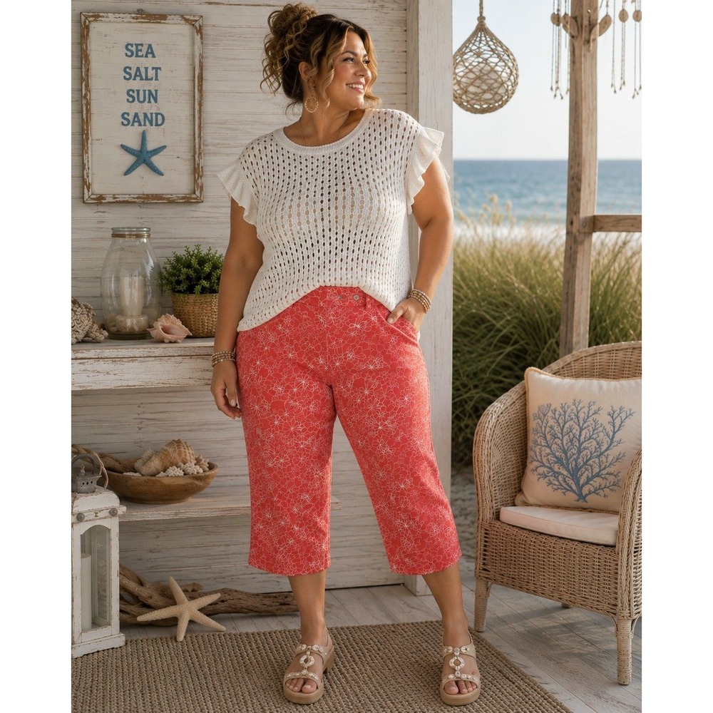 Cato Versailles 2X Set White Open Knit Ruffle Sweater Floral Coral Capris 18 20W